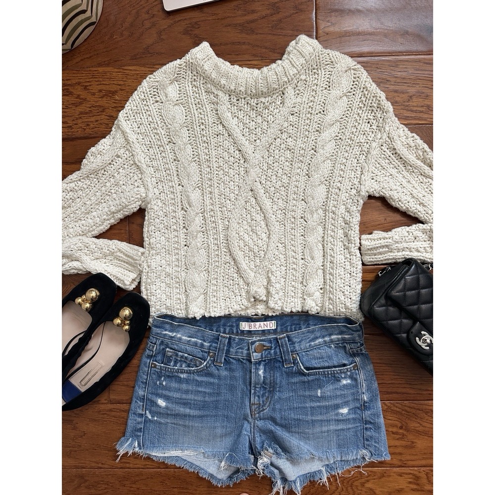 Free People Chunky Cable Knit Cropped Sweater Ivory White 100% Cotton Boho